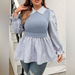 Chic Blue Striped Blouse with Puff Sleeves